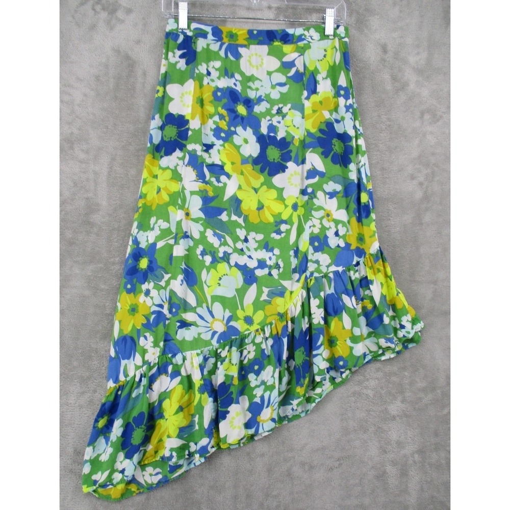Walter Baker Skirt 8 Midi‎ Floral Asymmetrical Ruffle Bohemian Cottage Zip Green